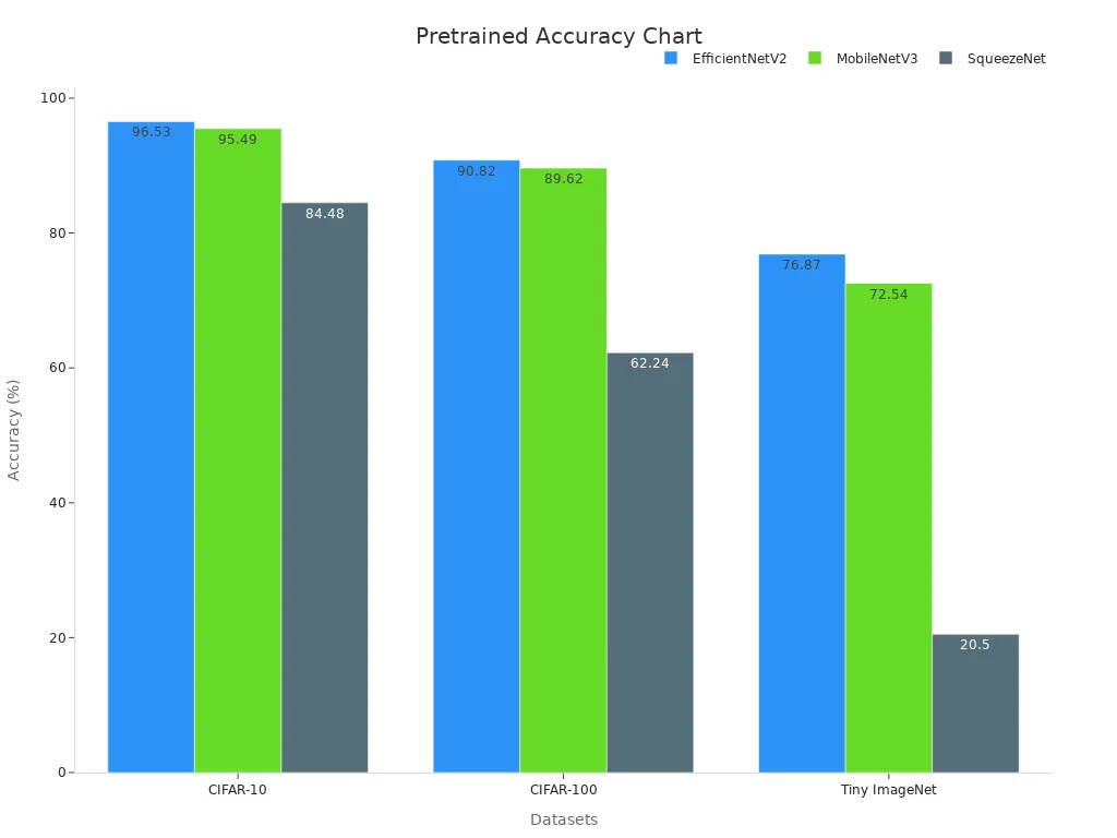 Bar chart comparing pretrained model accuracies across datasets