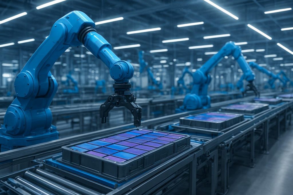 EV battery assembly line with robotic inspection under software-defined lighting, symbolizing AI visual inspection precision