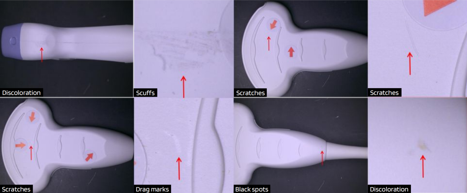 UnitX AI detects subtle drag marks and discoloration on the painted probe surface.
