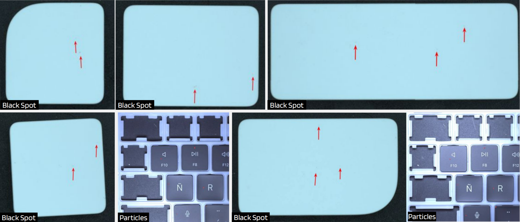 UnitX AI identifies microscopic black spots and particles on both black and white keycap surfaces.