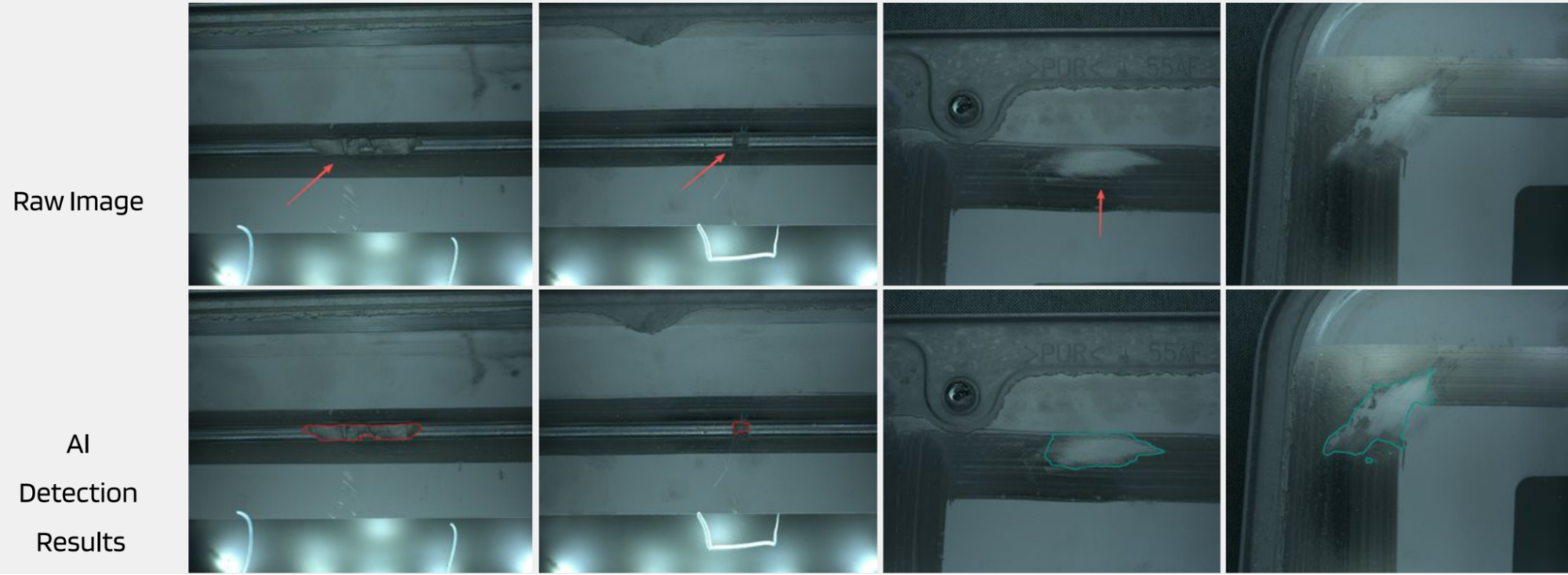 UnitX AI (bottom row) precisely identifies gaps and inconsistencies in the adhesive bead and primer application.