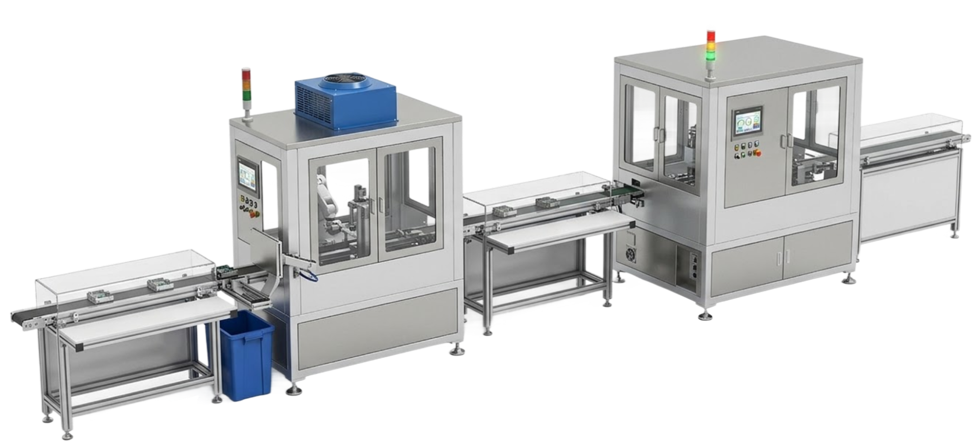 The UnitX inspection line automatically verifies keycap quality and sorts OK/NG parts. 