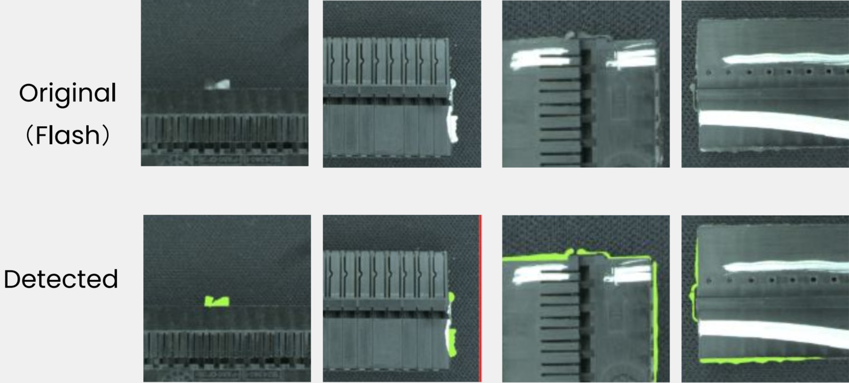 UnitX AI precisely highlights molding flash on the connector edges.