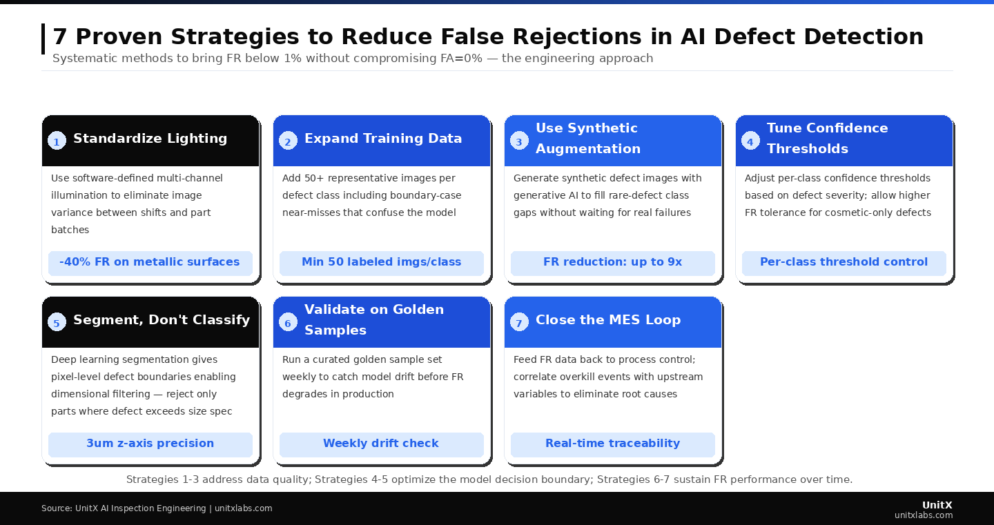 Strategies 1–3 address data quality at the root; Strategies 4–5 optimize where the model draws its decision boundary; Strategies 6–7 sustain FR performance as production evolves over time.
