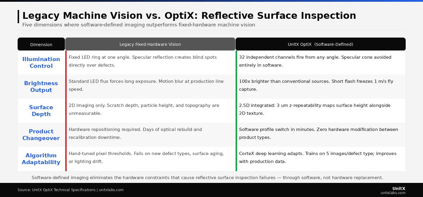 Software-defined imaging addresses each dimension where fixed-hardware vision fails on reflective surfaces — from illumination geometry to algorithm adaptability — through architectural changes that shift control from hardware to software.