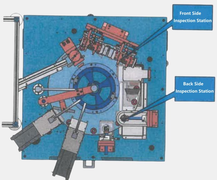 Glass rotary table handling and dual-sided 2.5D imaging capture reflection and normal maps for AI analysis.