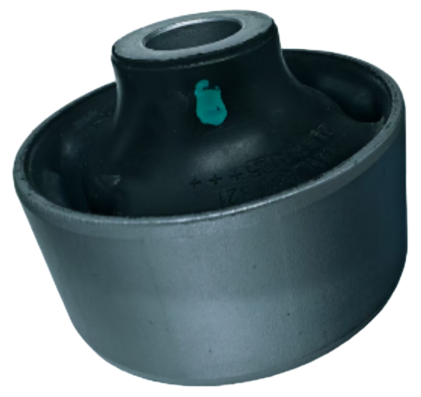 Rubber bushing: the metal-rubber composite structure and uneven surface texture require vertical-view imaging and automatic rotation for complete defect coverage.