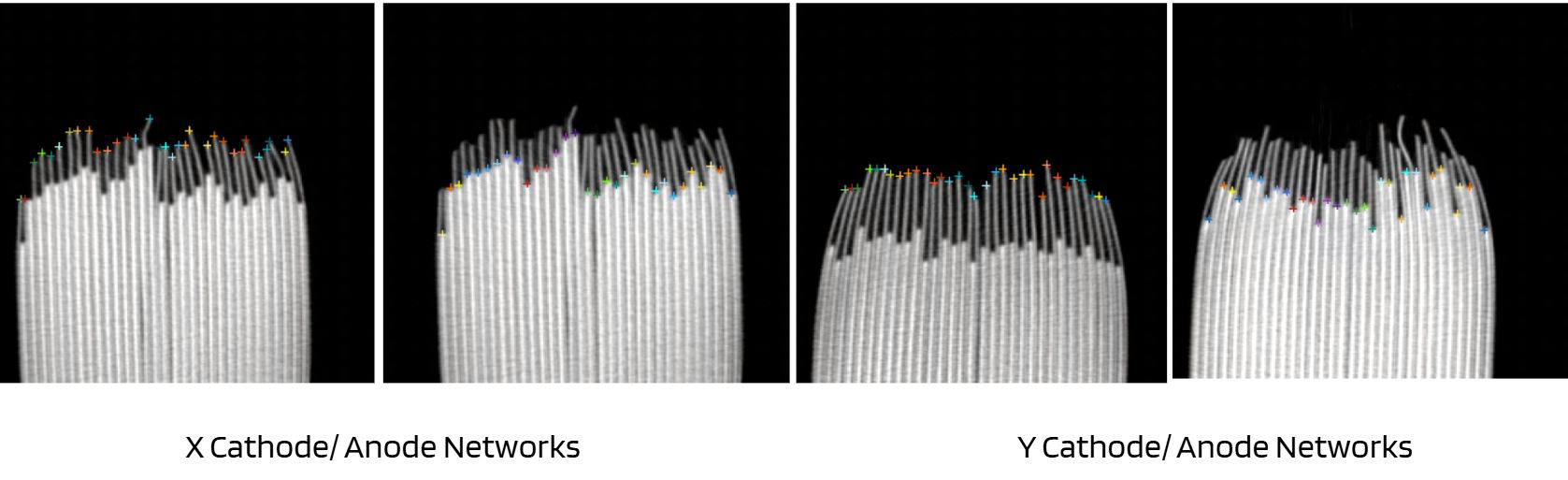 X and Y axis cathode/anode overhang measurement: AI locates each electrode tip and computes the overhang distance, flagging any value outside the specified tolerance band.