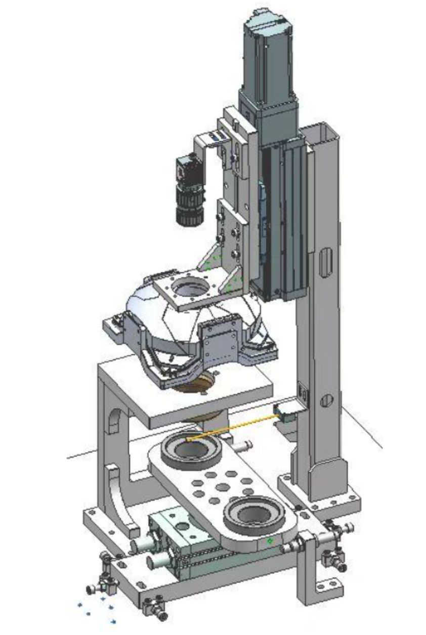 Vertical-view inspection station: automatic loading, rotation, and imaging sequence ensures consistent coverage of rubber surface and metal end face per cycle.
