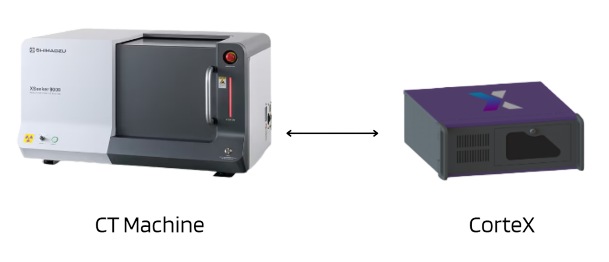 CorteX connects directly to the CT machine data feed, performs measurement inference, and pushes results back to the equipment and MES — no additional imaging hardware required.