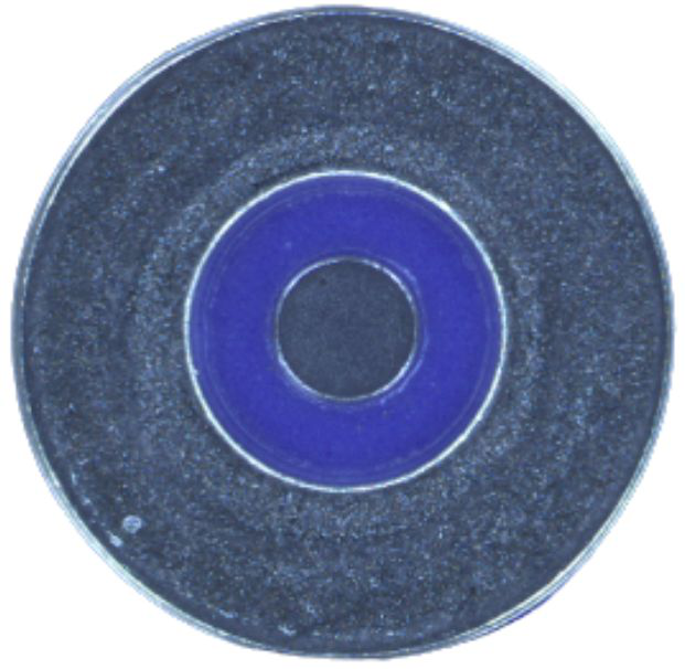 Battery top shell (top view): the circular geometry and glass-bead press-fit structure create imaging challenges across multiple product models.