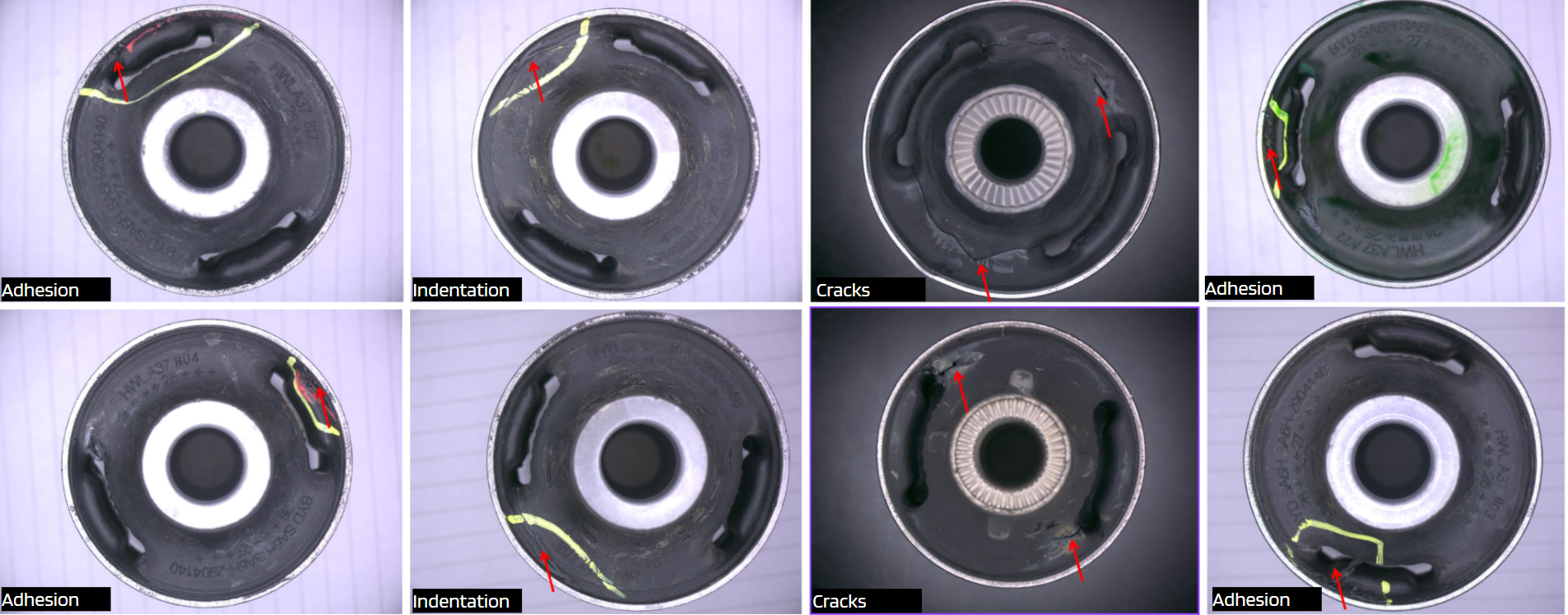 AI detection results for adhesion, indentation, and cracks, precise boundary annotations logged to the production system for full traceability.