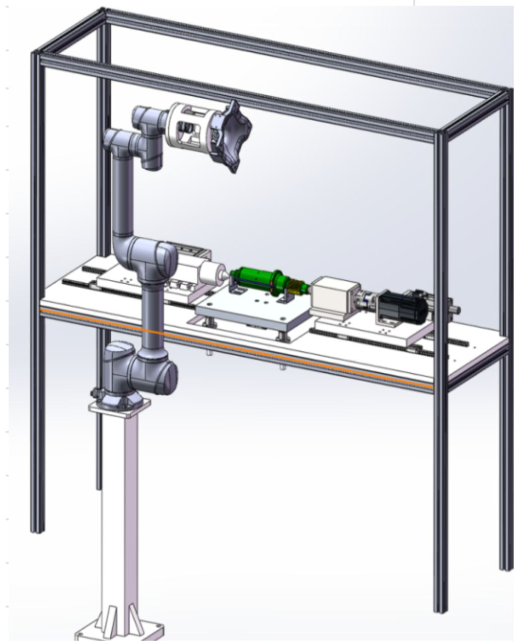 6-axis robot inspection station: the robot arm carries OptiX synchronized with shaft rotation, capturing the full cylindrical surface of each nickel-plated motor shaft.