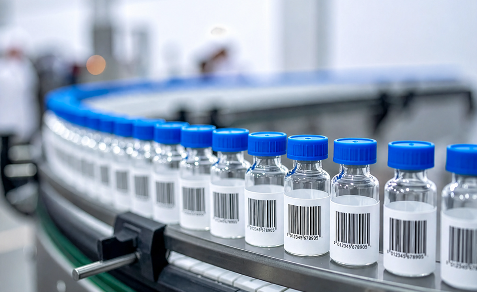 Labeled vials moving through an OCR inspection line